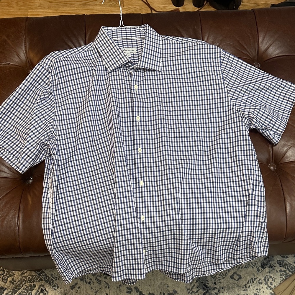 Peter Millar Navy and White Plaid Button Down Shirt